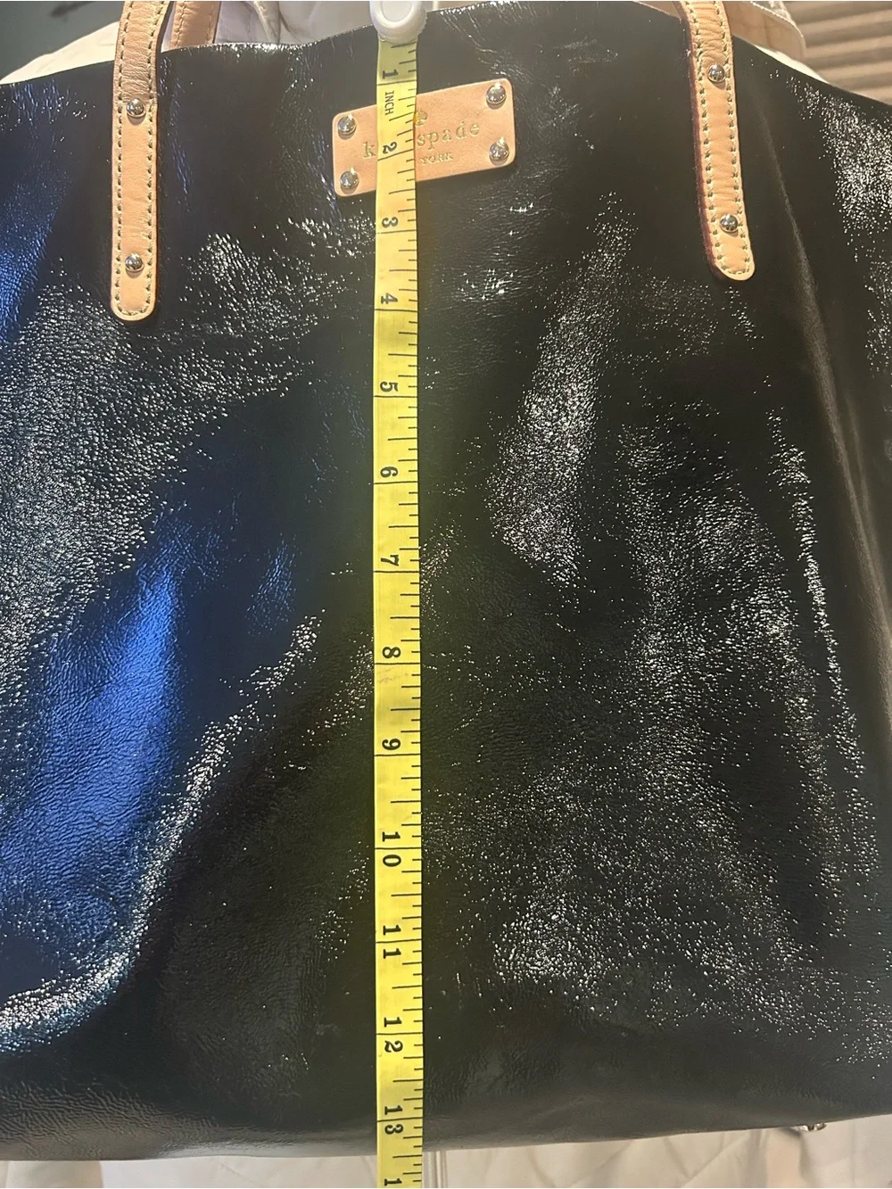 kate spade Black Patent Tote with Tan Leather Handles